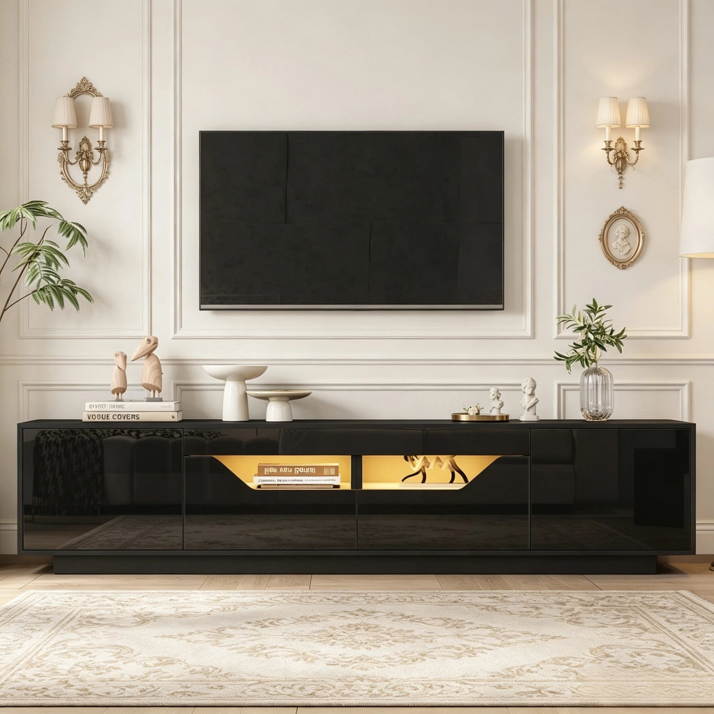 Mobile TV con 2 cassetti; 2 vani e LED - per soggiorno - in truciolare - 180×40×45 cm - nero