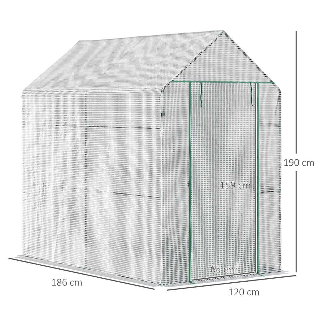 Serra da giardino begehbar con 4 ripiani, copertura in PE, porta con cerniera, 120x186x190 cm