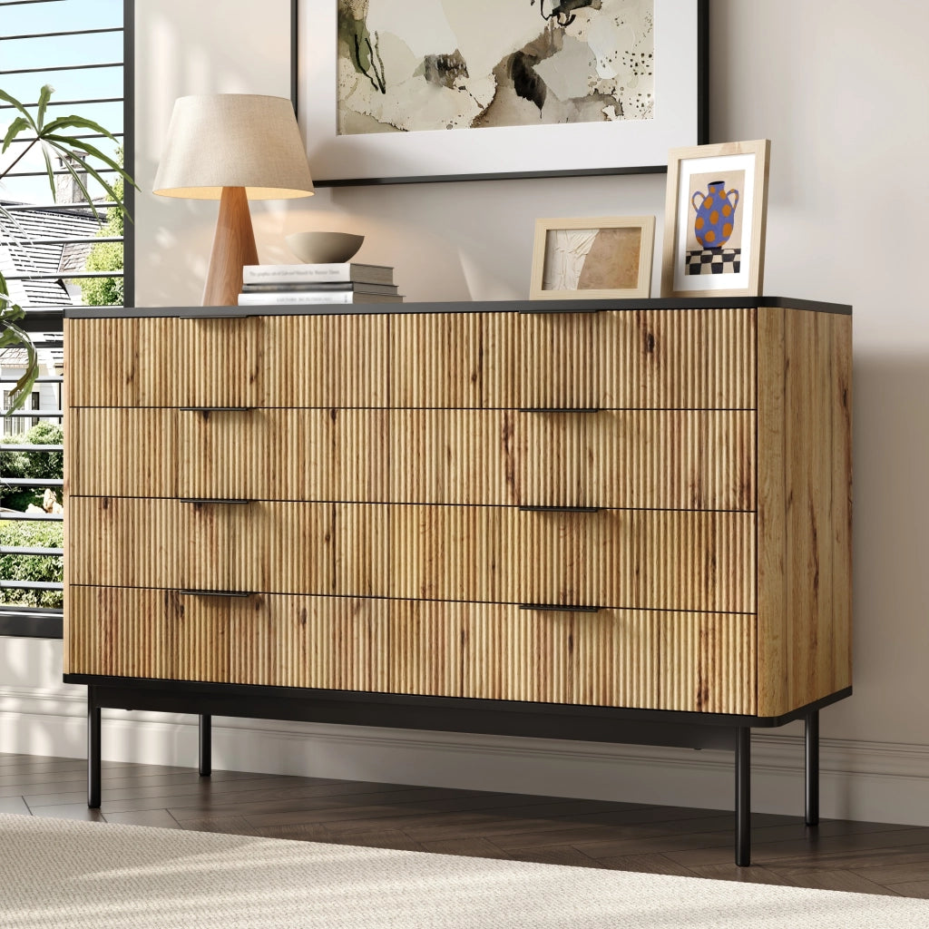 Credenza con 5 Cassetti; Rilievo Verticale; Piano Nero; Stile Moderno Nordico; in MDF; Naturale; 120??39;5??80 cm
