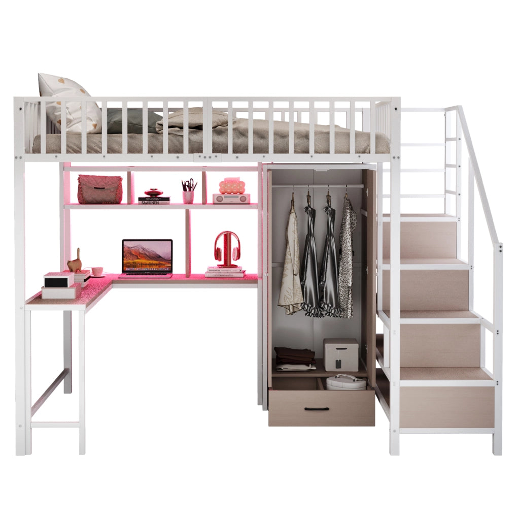 Letto a soppalco in metallo 140x200 cm con scrivania; armadio; ripiani; cassetti e LED; bianco