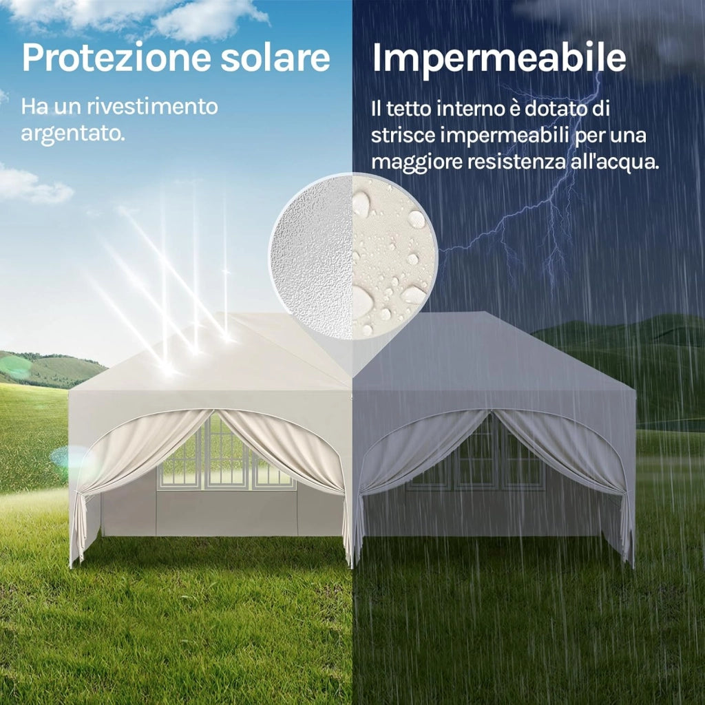 Gazebo Pieghevole da Giardino, Gazebo Idrorepellente Pop Up da 3x6m Pannelli Laterali, Tendone Esterno, Altezza Regolabile, Protezione UV, con Custodia Beige