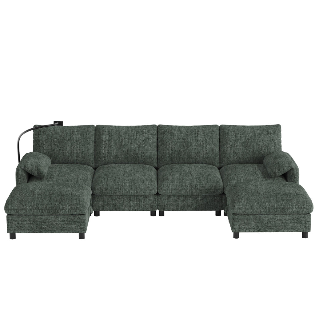 Divano modulare angolare 6 posti con 2 pouf contenitore; USB Type-C; chenille verde