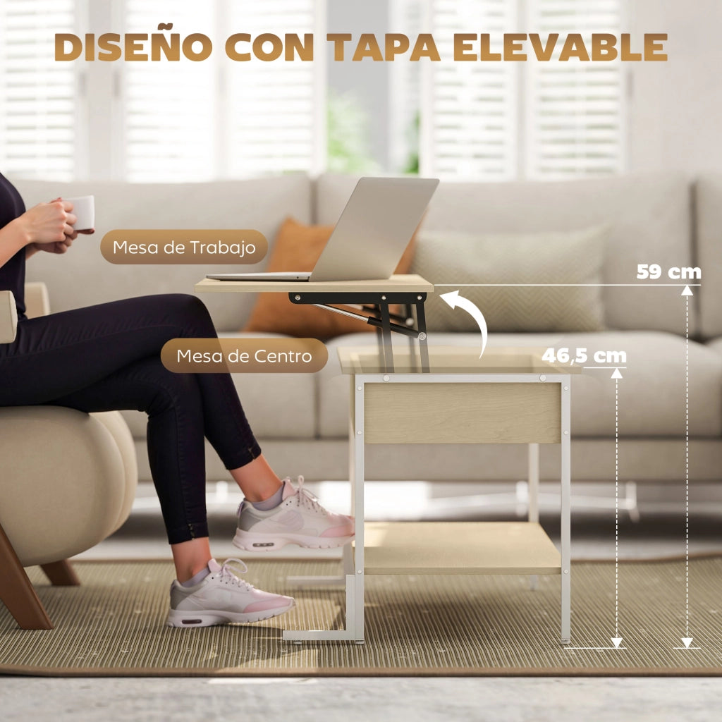 Tavolino da caff¨¨ con cerniera soft close e ripiano aperto ¨C zephmum ¨C 95x40x59 cm naturale e bianco