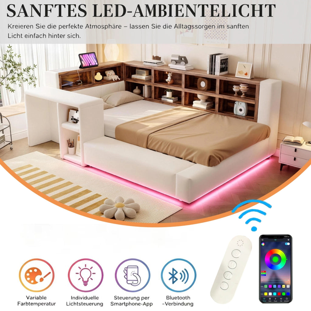 Letto imbottito con testiera a più livelli e LED, 90x200 cm, beige