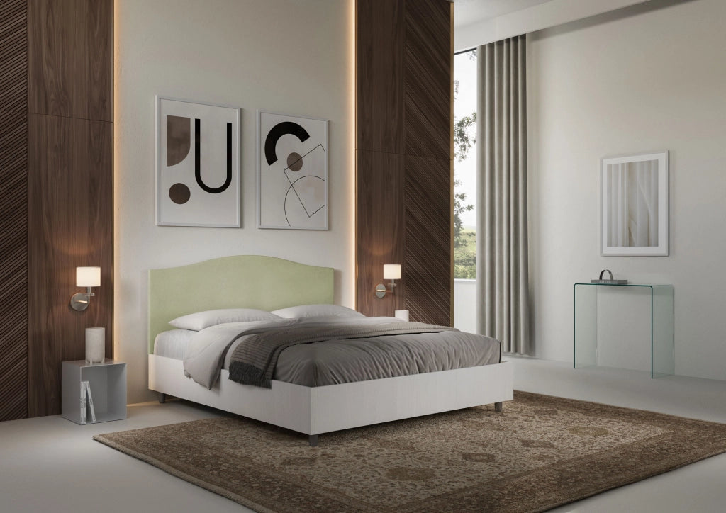 Letto Matrimoniale 160x200 cm con Rete e Contenitore Alzata Comoda Struttura Bianco Frassico e Testata in Microfibra
