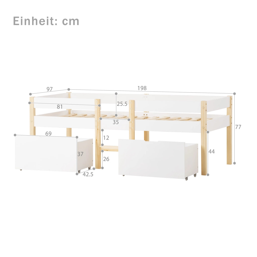 Letto bambino con cassetto e protezione anticasco in legno massello di pino bianco e rovere 90x190 cm