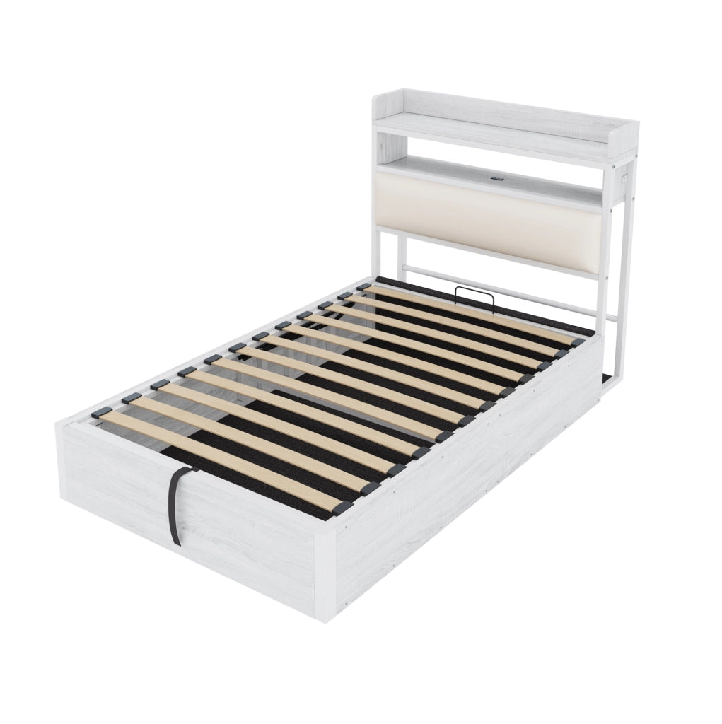 Letto singolo 90x200 cm con contenitore; meccanismo di sollevamento idraulico; USB; bianco