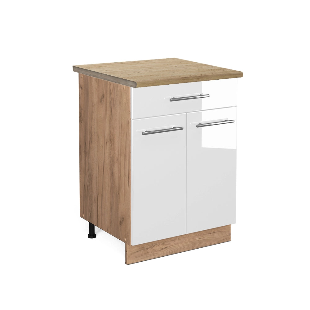 Mobiletto base per cucina Fame-Line Bianco lucido/Rovere dorato 60 cm con cassetto, PL Rovere Vicco