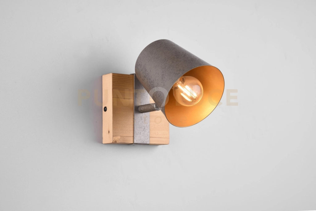BELL SPOT ORIENTABILE BASE LEGNO NATURALE DIFFUSORE METALLO ACCIAIO ANTICATO INTERNO ORO H. 18CM 1 LUCE ATTACCO E14