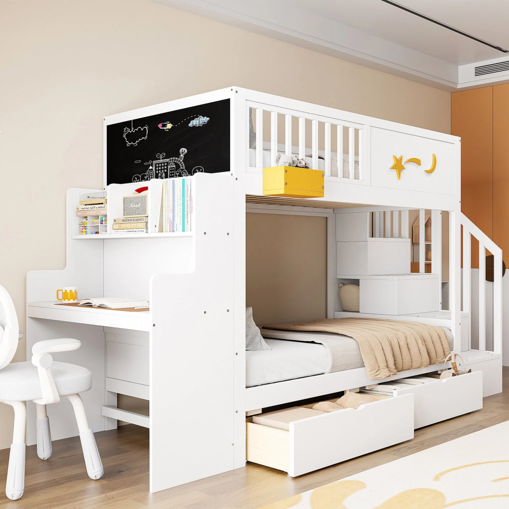 Letto a Soppalco Letto Singolo con 2 Cassetti; Scala di Sicurezza e Scrivania 90×200 cm; senza Materasso; Bianco
