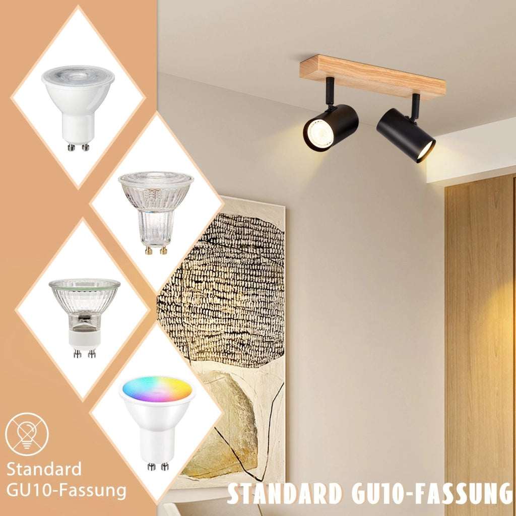 ZMH Faretto da soffitto Neri Legno 2 Lampade GU10 Stile Country per Soggiorno Corridoio Senza Lampadine