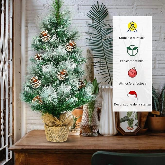 Mini Albero di Natale 60 cm, Albero di Natale Piccolo con 48 Rami, 8 Pigne, Base in Cemento e Lino, Albero di Natale Innevato da Tavolo per Casa e Ufficio, Verde