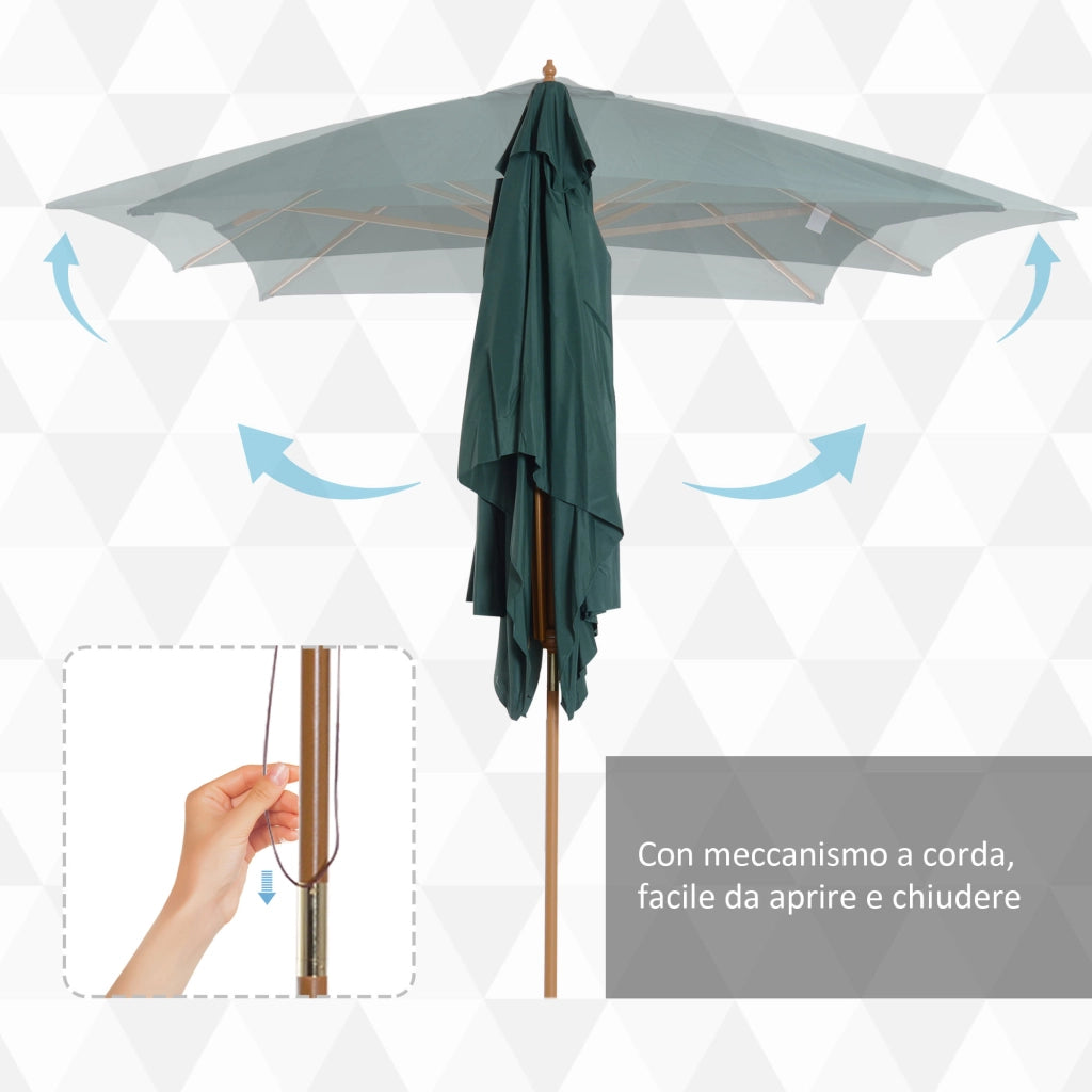 EasyComfort Ombrellone 2x3 m da Giardino in Legno Laccato e Bambù con Copertura Rimovibile, Verde Scuro