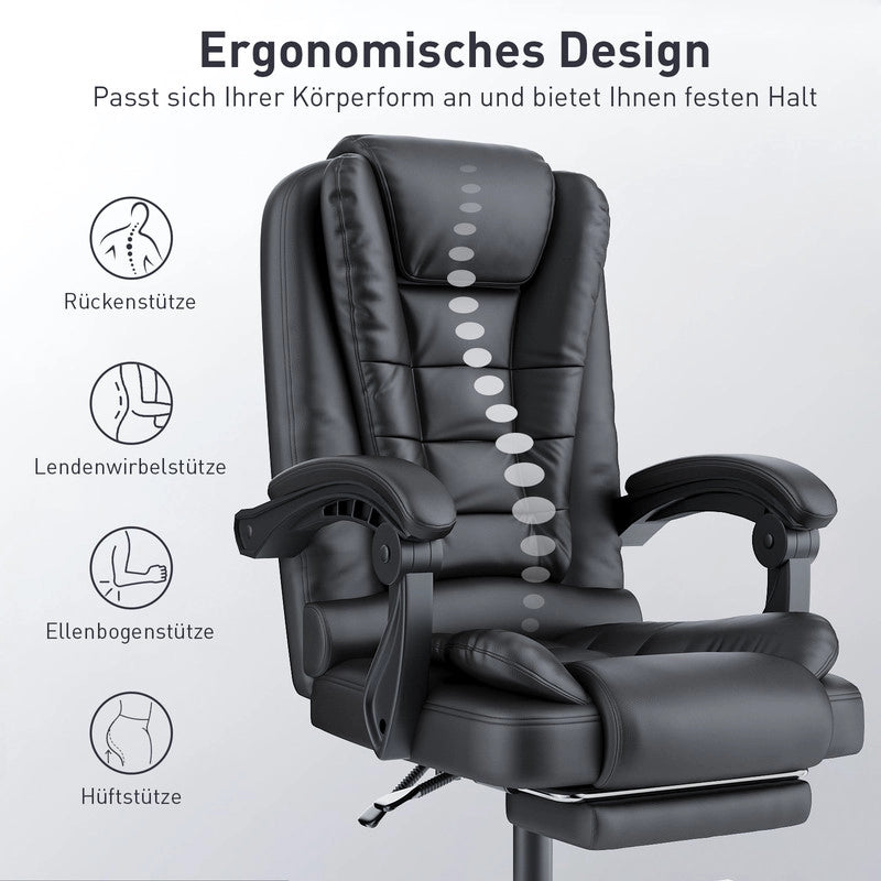 Sedia da ufficio con poggiapiedi, sedia da ufficio ergonomica , sedia per computer in similpelle, girevole e reclinabile, nera