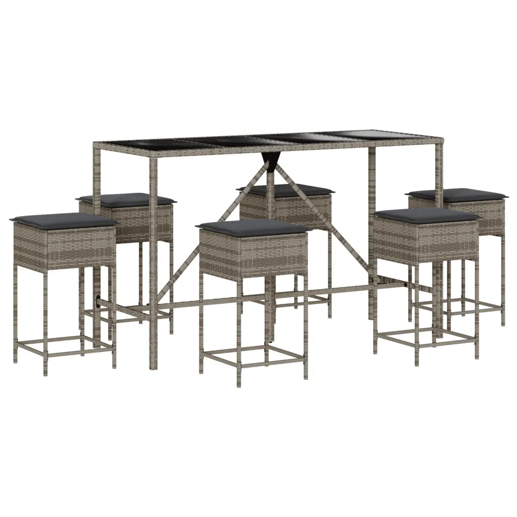Set Bar da Giardino 7 pz con Cuscini in Polyrattan Grigio