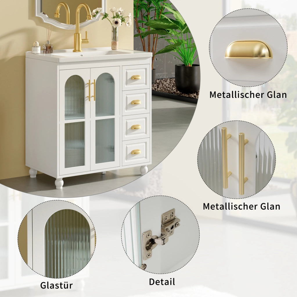 Mobile bagno bianco 80 cm con lavabo in porcellana e 3 cassetti