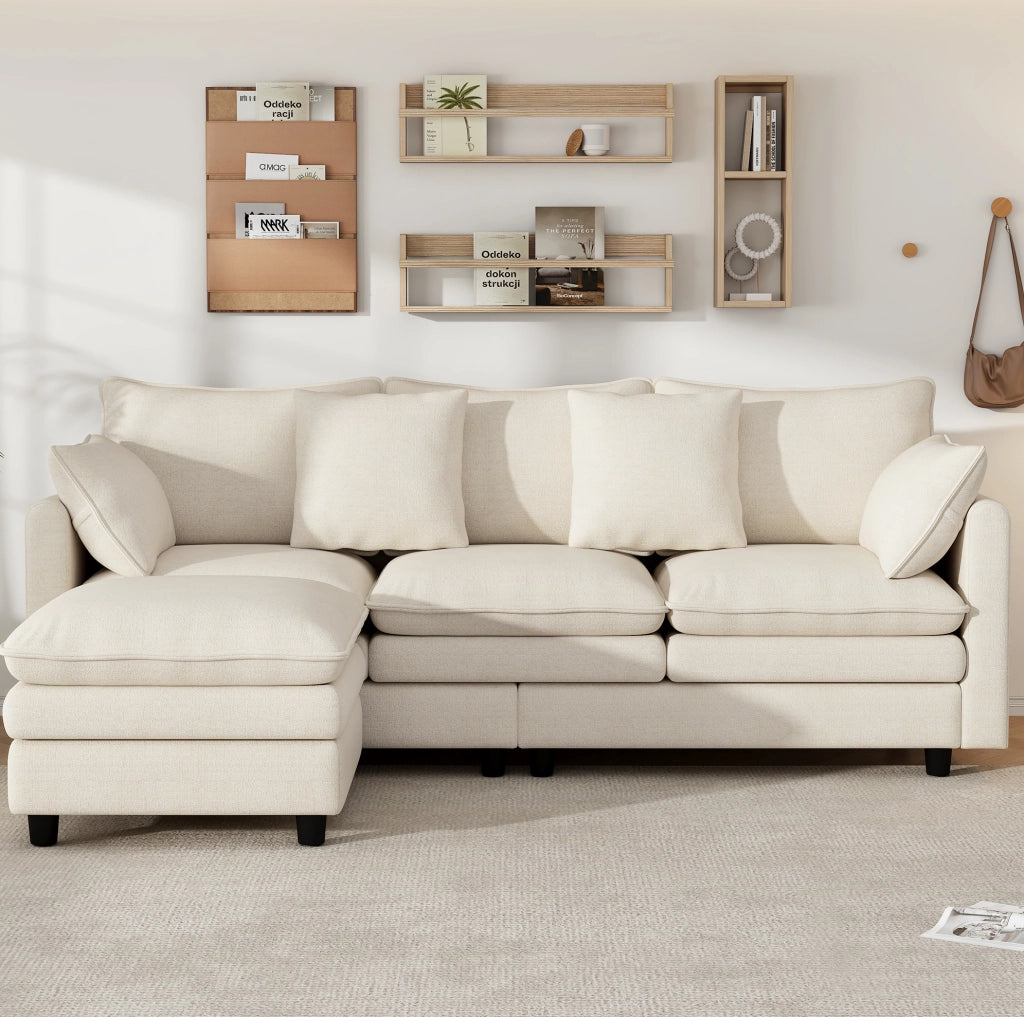 Divano angolare 3 posti in ciniglia beige con chaise longue mobile, 212x150x90 cm