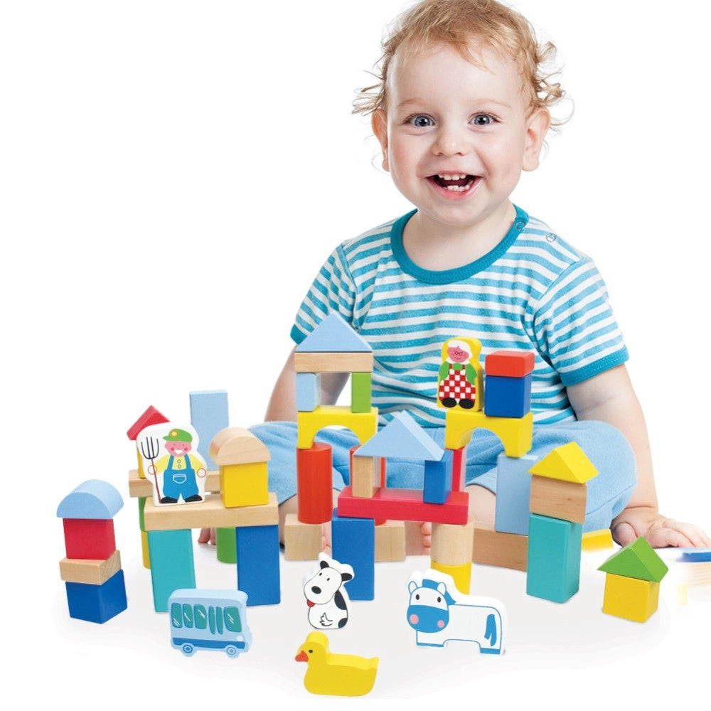 Trade Shop - Costruzioni In Legno 50pz Blocchi Mattoncini Costruzione Bambini Con Contenitore -