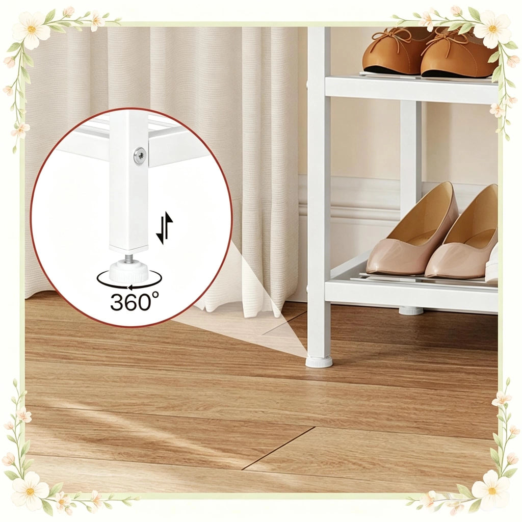Appendiabiti da ingresso 3 in 1 con scarpiera, panca e 7 ganci, struttura in metallo e legno, bianco