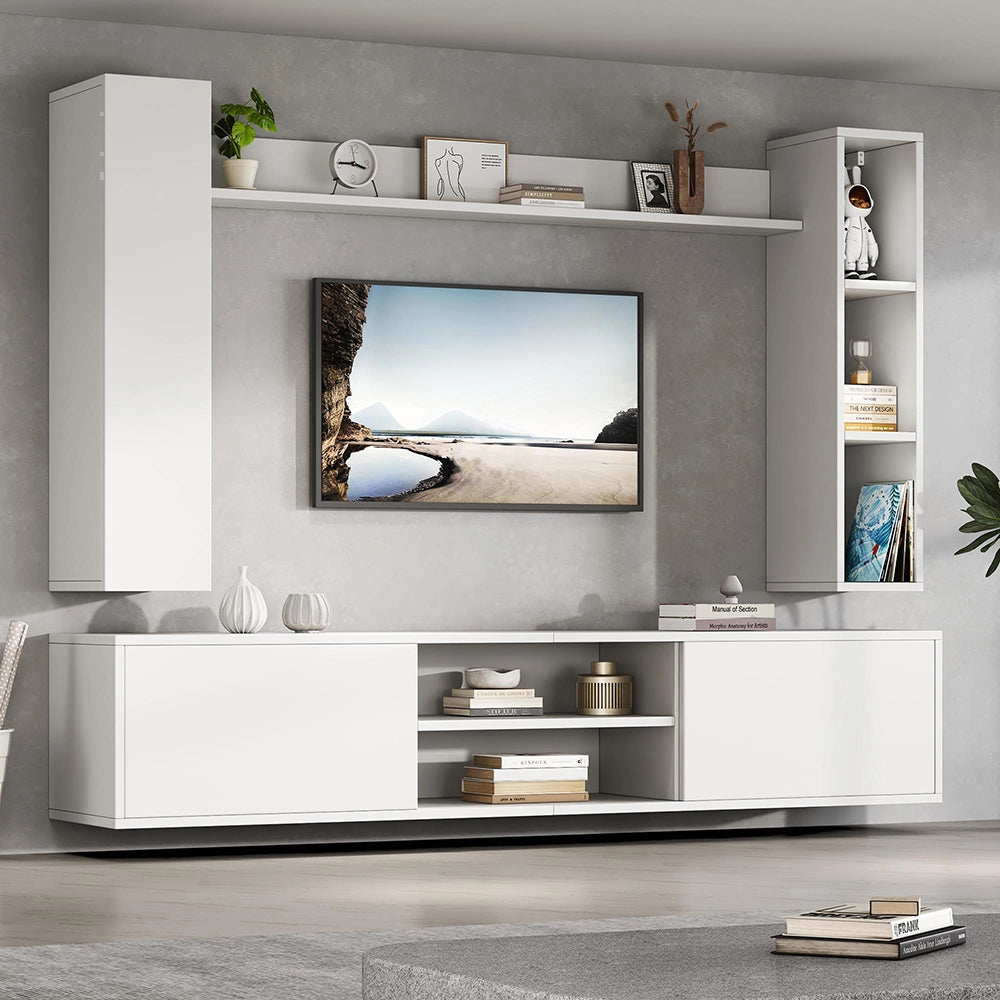 Set TV a Parete Completo 4 Pezzi 180x35x33.5cm - Xylo - con Vetrine, Bianco, fino a 80"