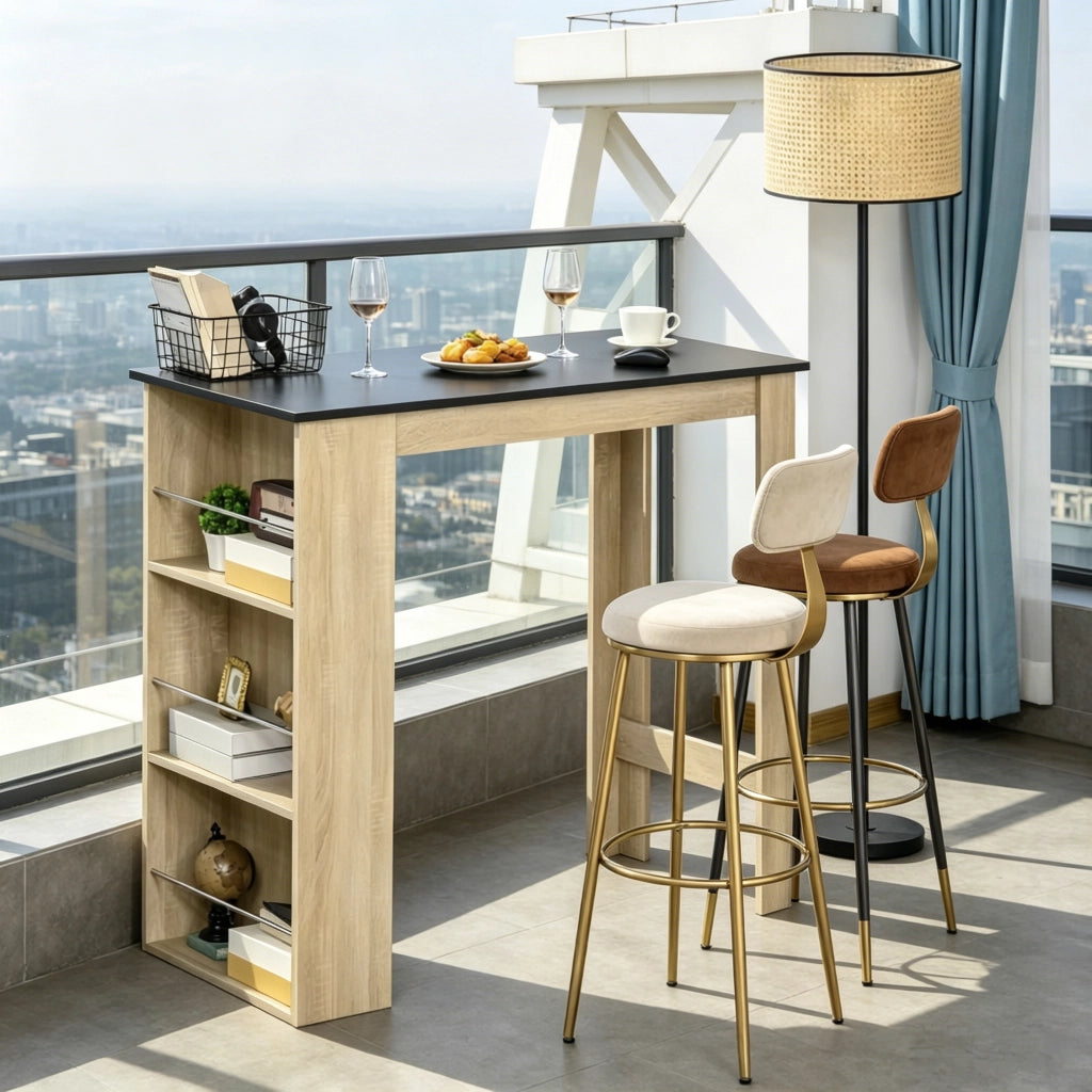 Tavolo da pranzo con 3 ripiani laterali; barra portaoggetti - per cucina e ufficio - in truciolare - 112x57x106 cm - nero e rovere