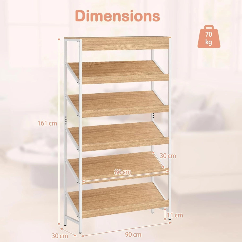 Libreria a 6 livelli con ripiani inclinati e protezione antiribaltamento, 90 x 30 x 161 cm, scaffale per soggiorno, ufficio, studio (natura)