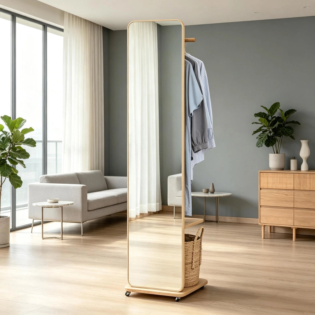 SPECCHIO da terra con appendiabiti e ripiano 40x44,5x170 cm legno chiaro