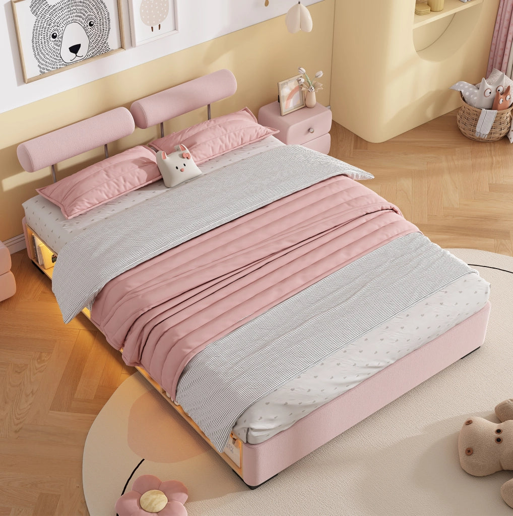 Letto imbottito 140x200 cm con vani laterali e LED in velluto rosa
