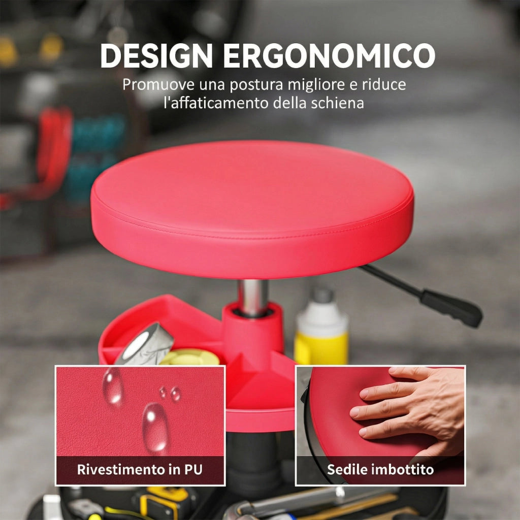 Sgabello da Officina Altezza 40-51 cm con Ruote Capacità fino a 135 kg con Vassoi Porta Utensili in Acciaio e Pelle