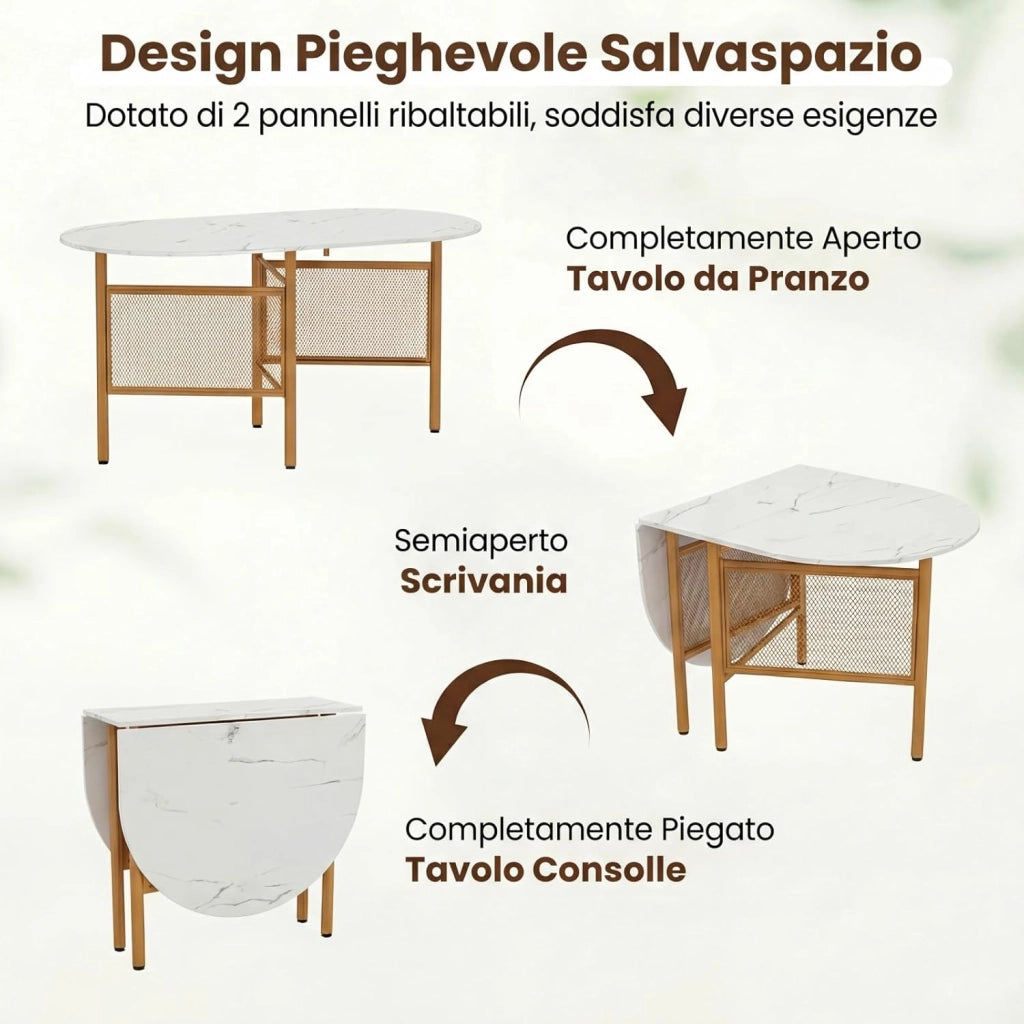 Tavolo da Pranzo Pieghevole per 6-8 Persone, Tavolo Consolle Estensibile Salvaspazio con Ali Ribaltabili con Ganbe in Metallo per Cucina e Soggiorno, 150 x 80 x 76 cm (Bianco)