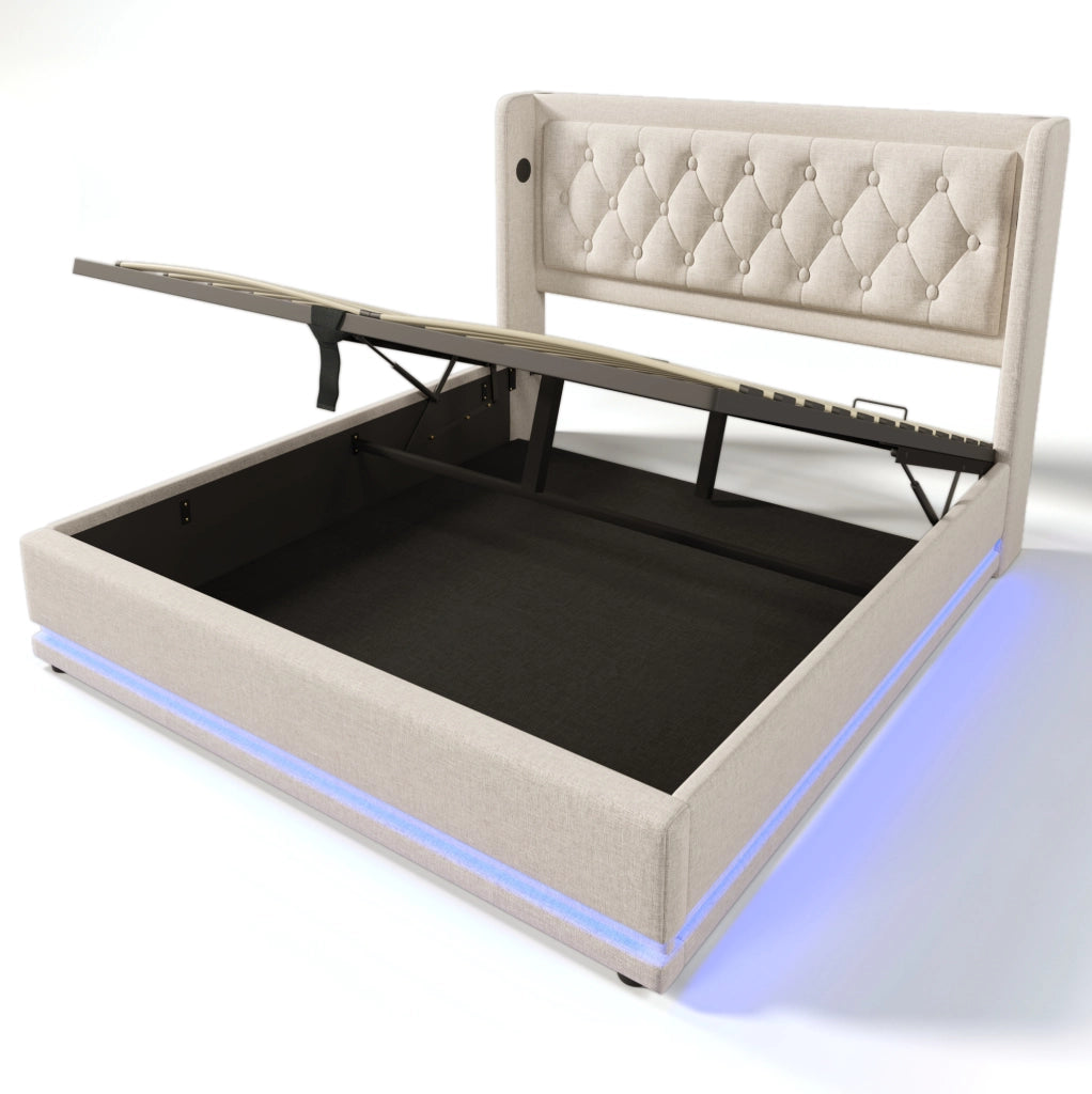 Letto matrimoniale imbottito 160x200 cm in cotone beige con contenitore; USB Type-C e LED