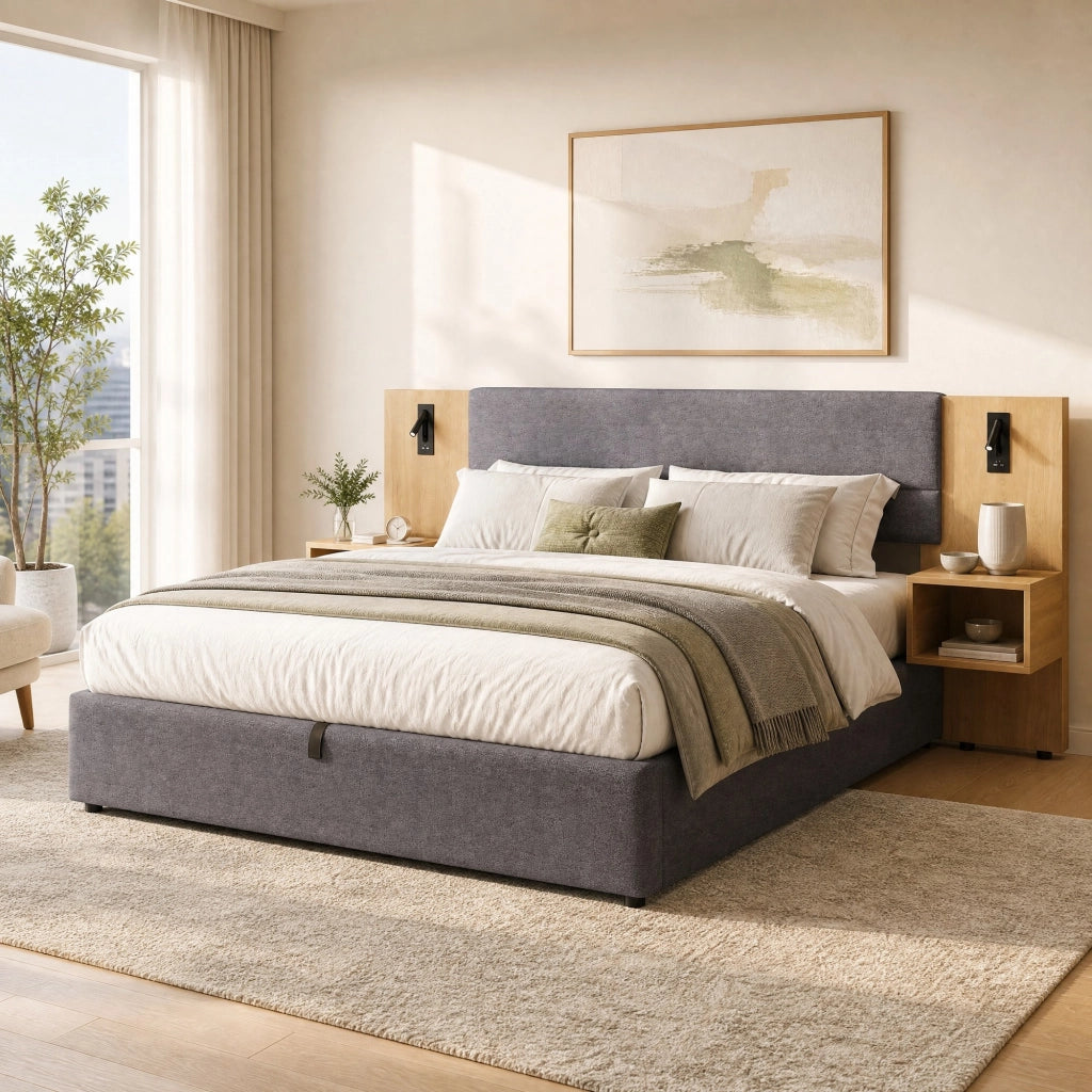 Letto contenitore 180x200 cm in velluto con USB, illuminazione, 2 comodini e rete a doghe