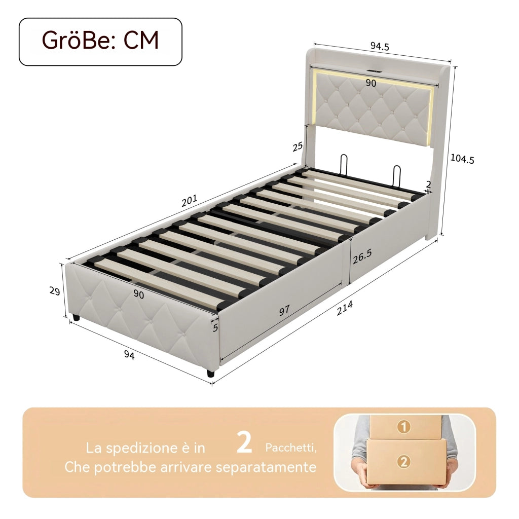 Letto singolo contenitore 90x200 cm con testiera LED e porta USB struttura letto imbottita con contenitore idraulico in velluto beige