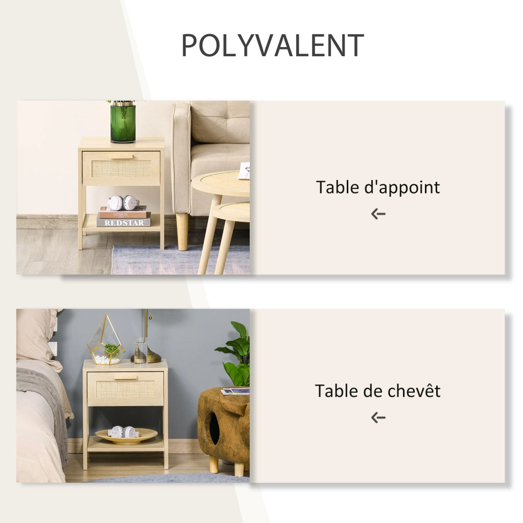 Comodino con cassetto e scaffale ¨C zephmum ¨C canna di rattan, legno chiaro, 40x40x48 cm