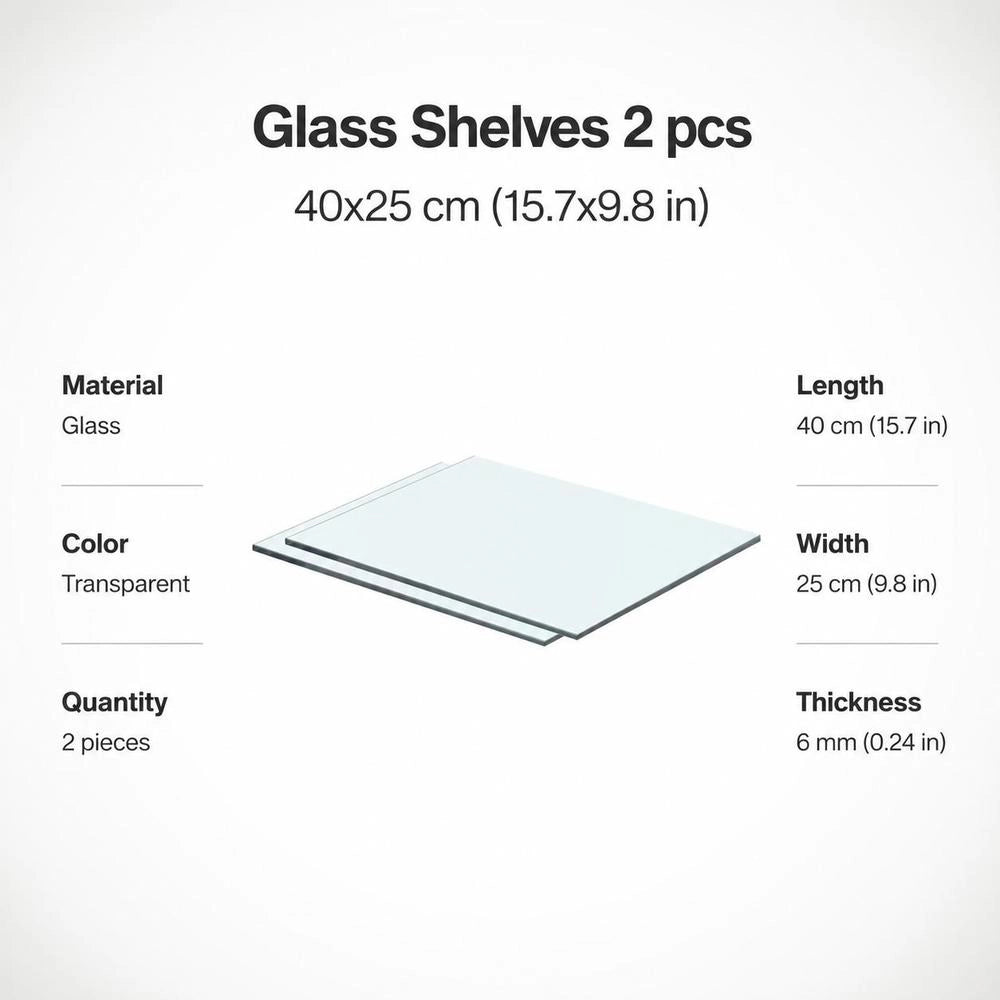 2 Glass Shelves, Transparent, 40x25 Cm