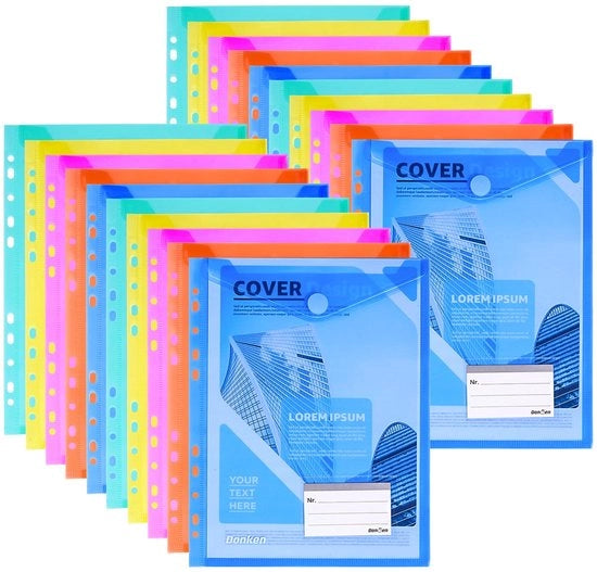 20 pacchi di cartellini per documenti A4, cartellino per documenti A4, cartellini colorati con chiusura con 11 ganci e spazio per etichetta, portafoglio impermeabile, formato verticale per documenti (5 colori)