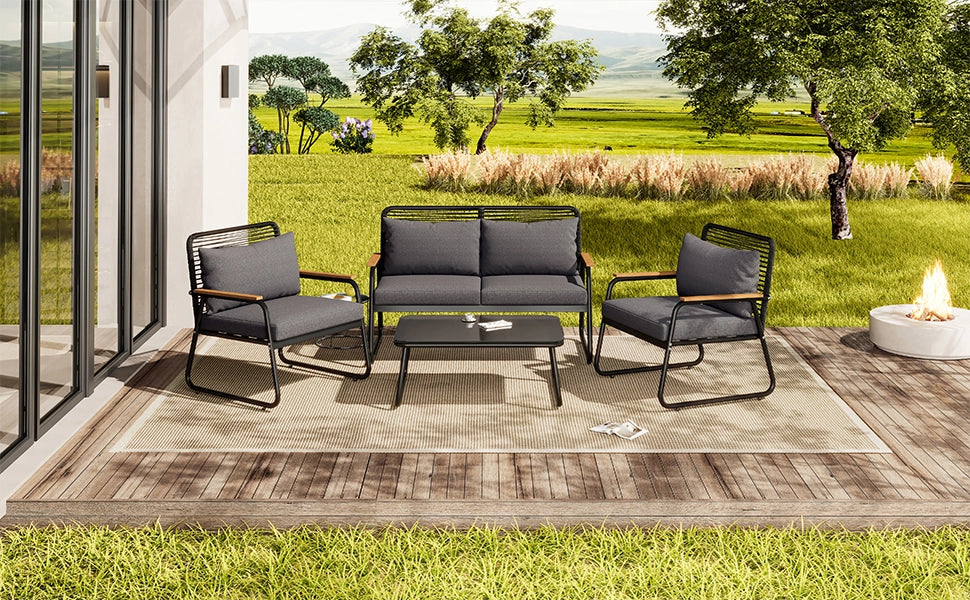 Set giardino: Divanooo + tavolo 4 persone; ferro zincato; tavolo vetro; piedini regolabili; cuscini; nero