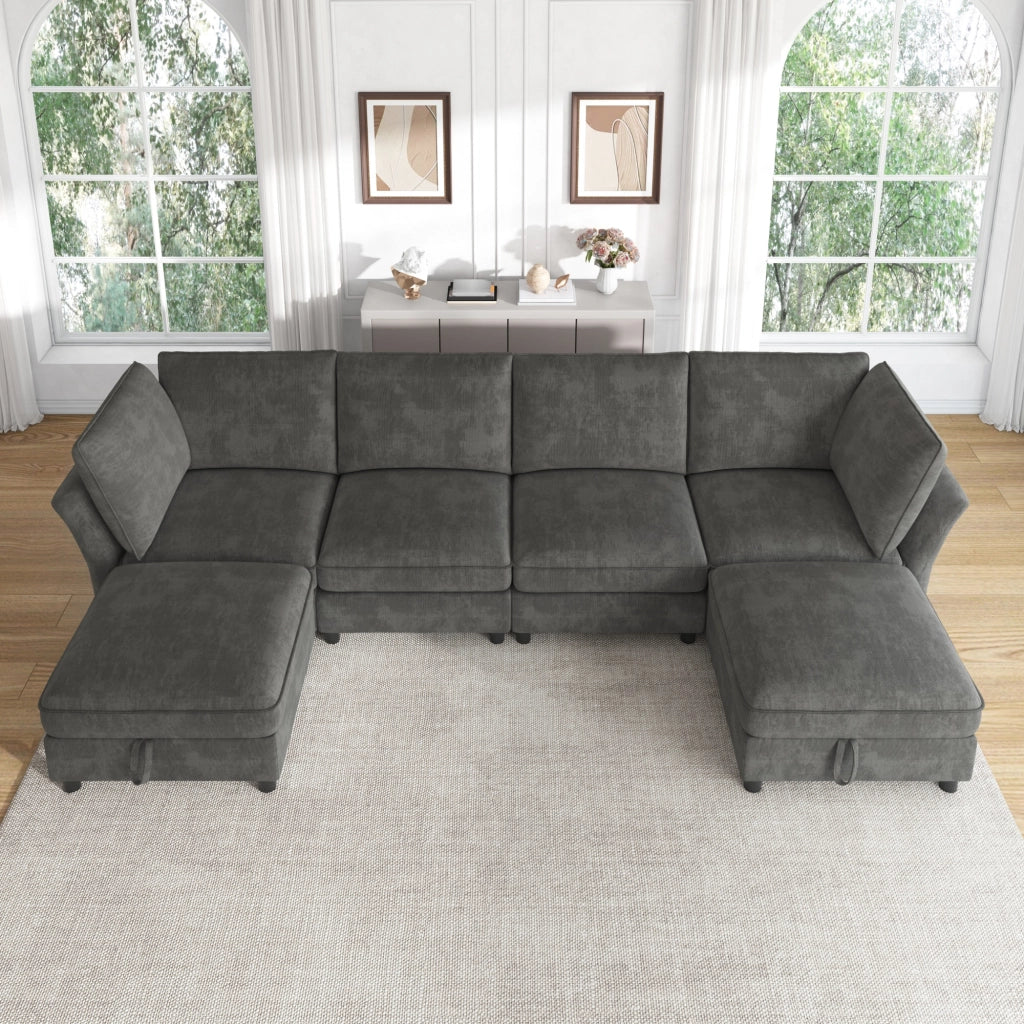 Divano angolare modulare con pouf contenitore e 2 cuscini in ciniglia grigio 6-7 posti per soggiorno 289 × 137 × 84 cm