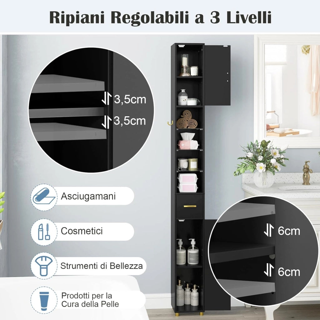 Mobile Bagno Salvaspazio con Luce, Colonna Bagno con Scomparti Aperti in Vetro, Ripiani Regolabili, 1 Cassetto e 1 Gancio Laterale per Spazi Ridotti 20 x 20 x 181 cm (4 Ripiani con Luce, Nero)