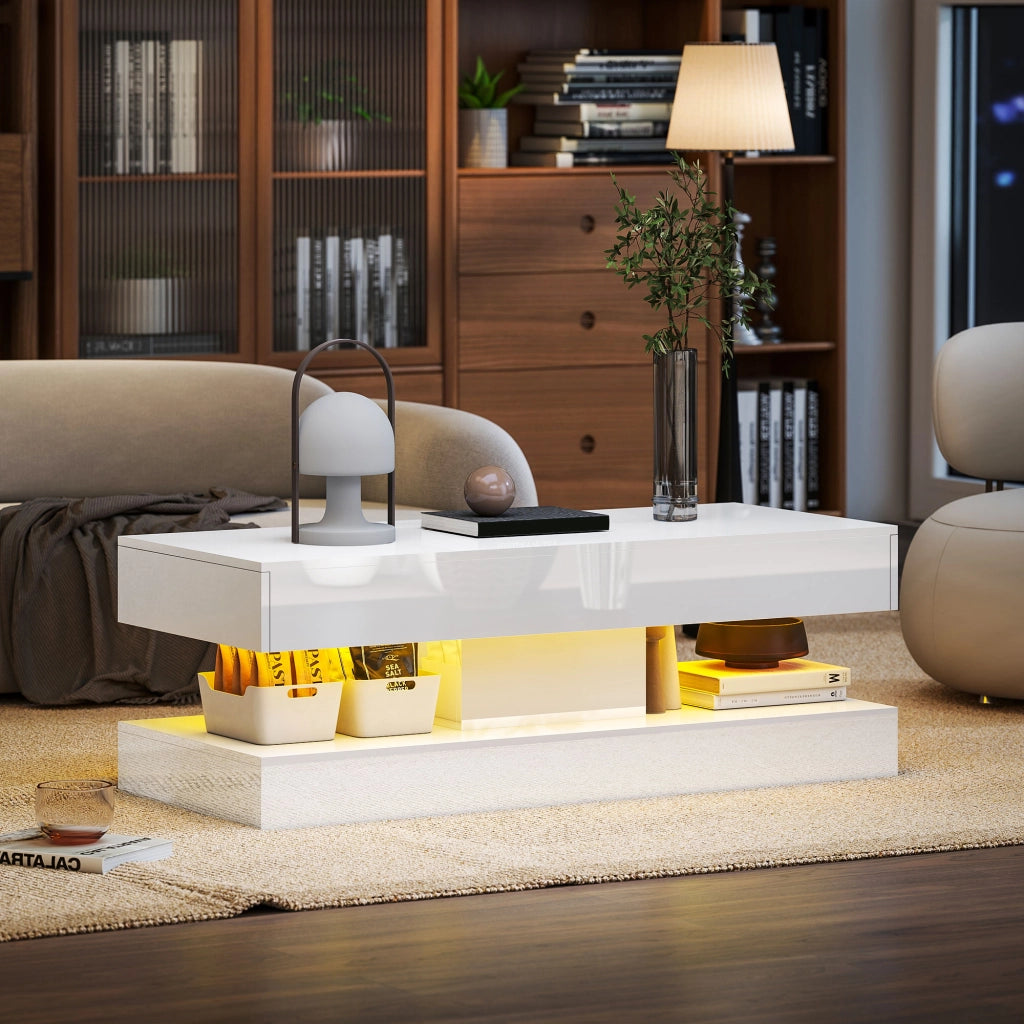 Tavolino da salotto con cassetti e luci LED ¨C zephmum ¨C bianco
