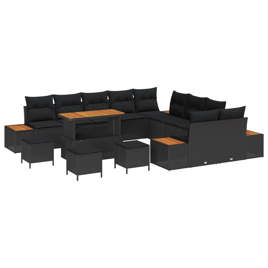 Set di divani da giardino 14 pezzi con cuscini neri in polyrattan acacia
