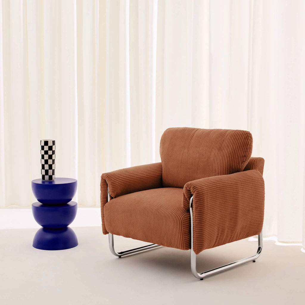 Poltrona vintage in velluto a coste con struttura cromata, terracotta