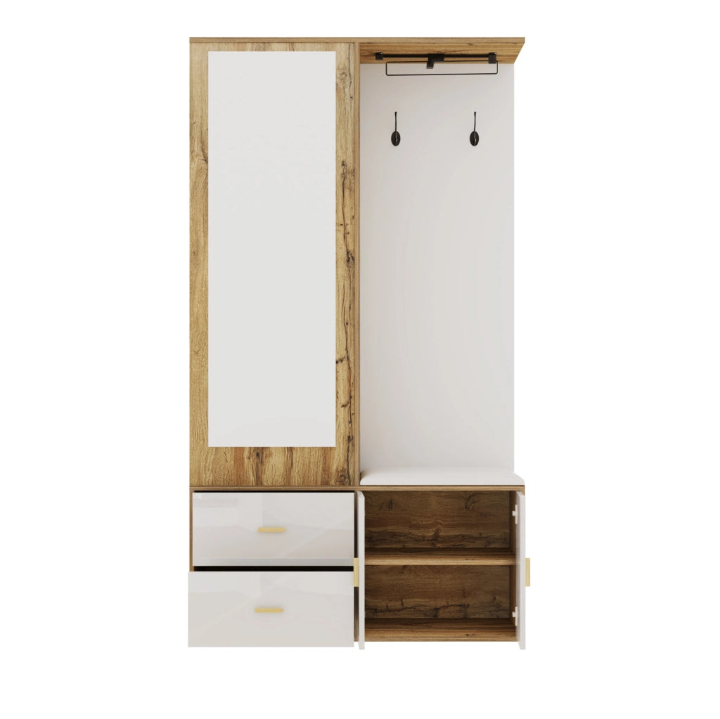 Garderoba da ingresso con specchio; panca portascarpe e appendiabiti estraibile 100x38x180 cm; bianco e naturale