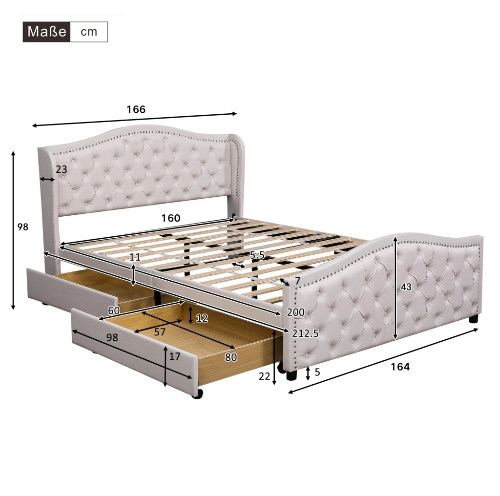 Letto imbottito 160x200 cm bianco in PU con rete a doghe e 2 cassetti