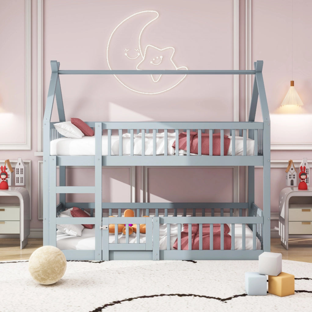 Letto a castello per bambini 90x200 cm con scala integrata e design salvaspazio grigio