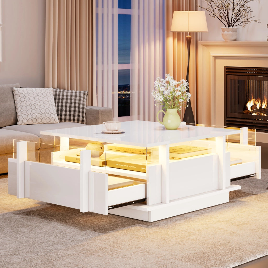 Tavolino da caffè quadrato 70x70x35 cm bianco lucido con 2 cassetti, LED e dettagli in acrilico