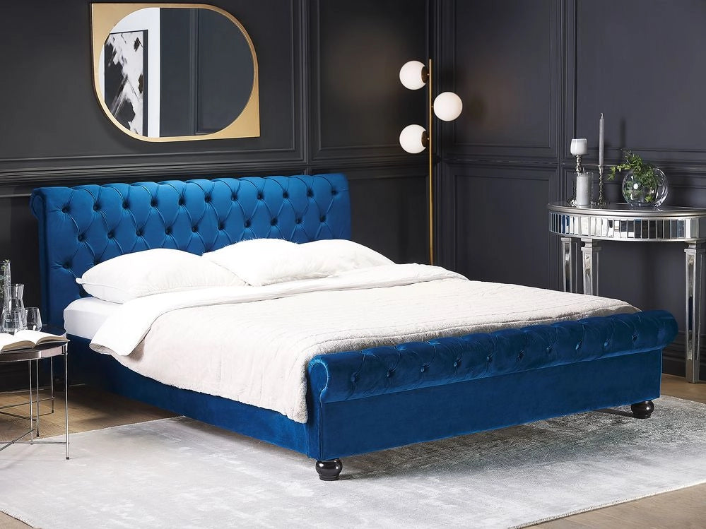Letto ad acqua in velluto blu marino 180 x 200 cm con testiera trapuntata glamour