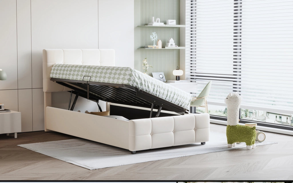 DESMIU Letto per Bambini 1 Piazza con Contenitore e Testiera Regolabile 90 × 200 cm, senza materasso, Beige