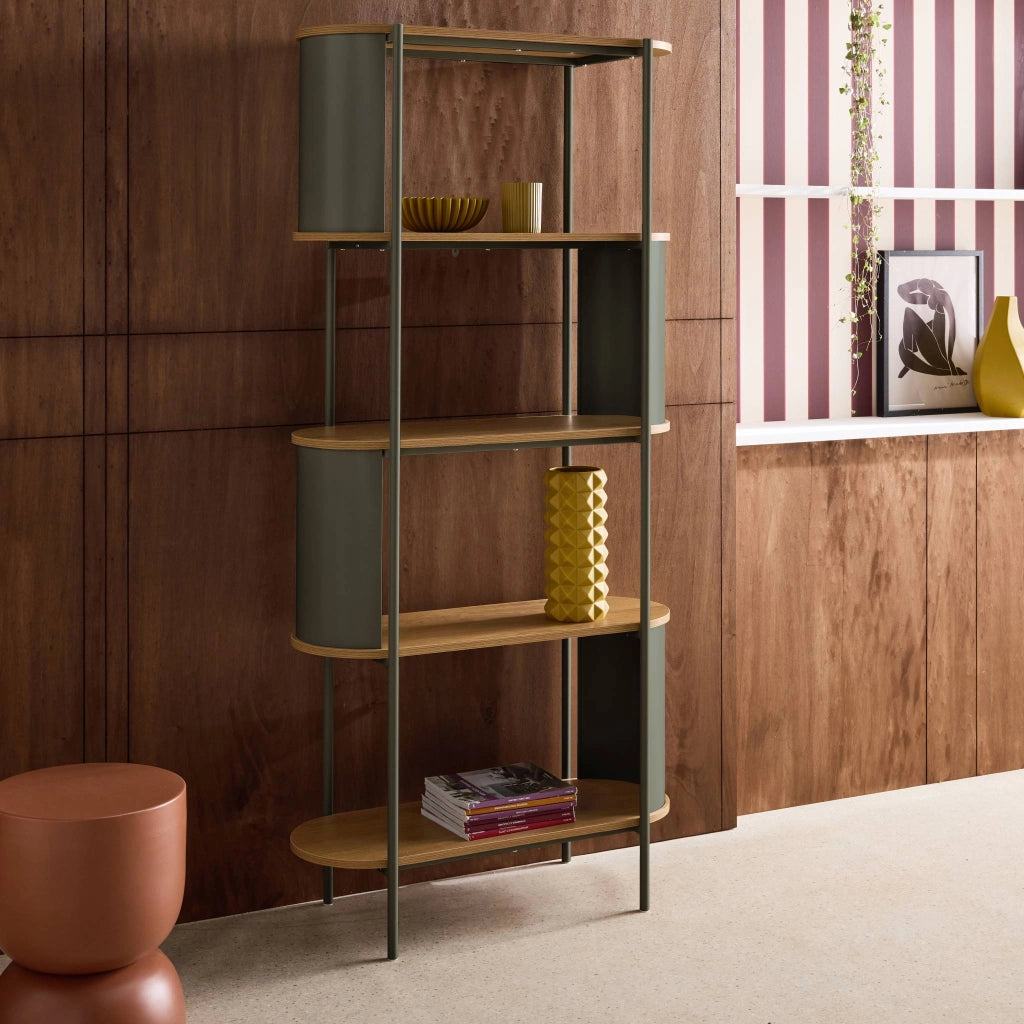 Libreria in metallo curvato e legno a 5 livelli, verde