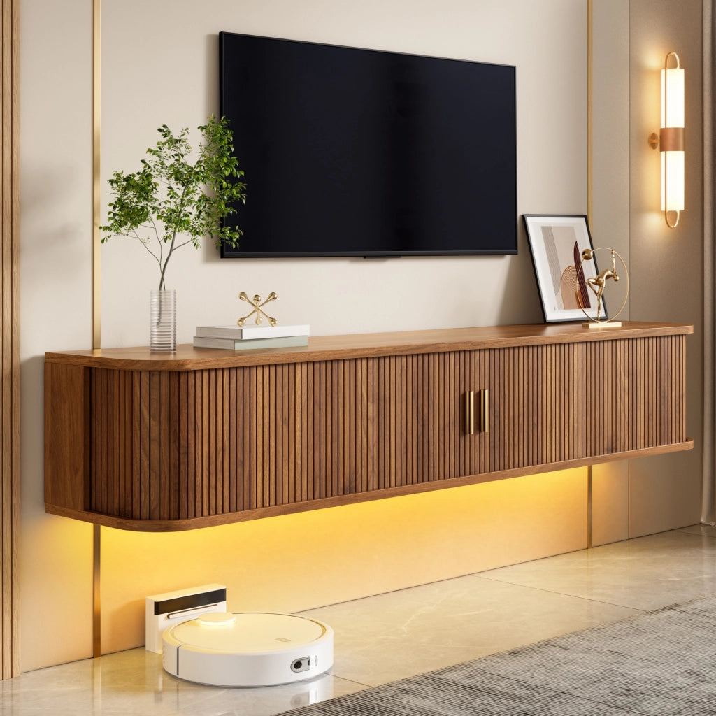 Mobile TV da parete, finitura effetto legno, illuminazione a LED regolabile tramite app, materiale MDF, colore noce